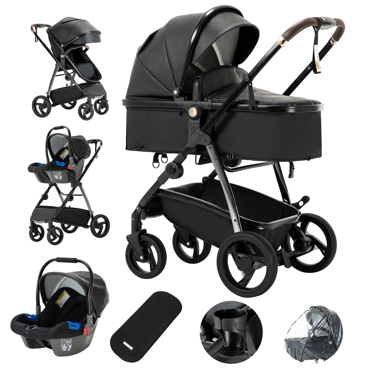 Poussette Bebe 3 en 1 en Cuir PU Pas Cher Bebe mon Tresor