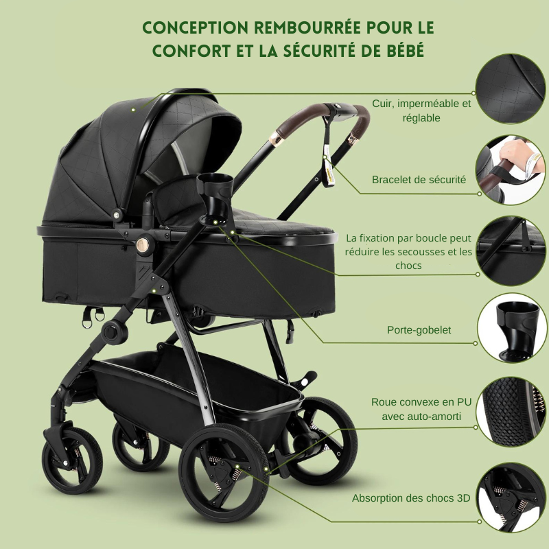 Poussette Bebe 3 en 1 en Cuir PU Pas Cher Bebe mon Tresor